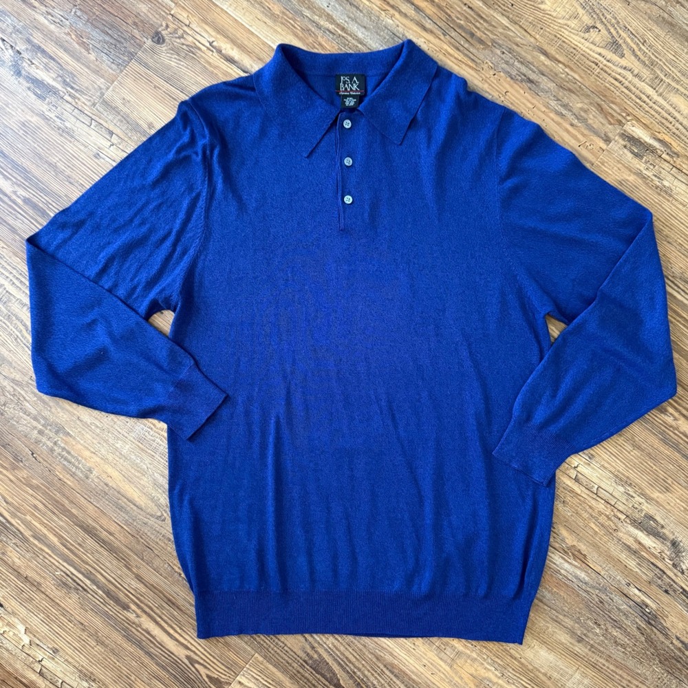 Jos. A. Bank Polo Sweater Mens XXL Blue 100% Silk Long Sleeve Signature LUXE